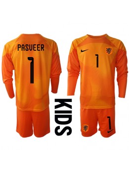Nederländerna Remko Pasveer #1 Målvakt Replika Borta Kläder Barn VM 2022 Långärmad (+ byxor)